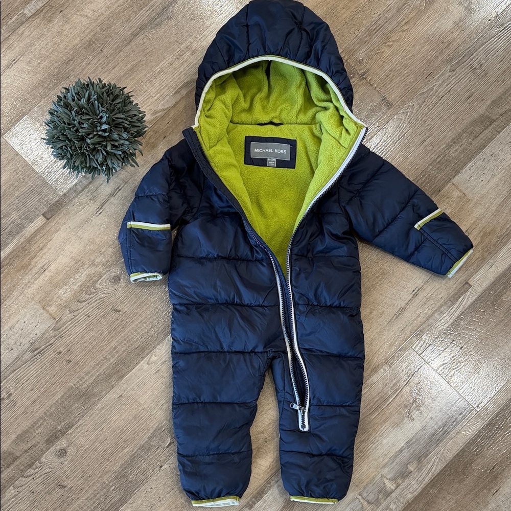 Michael Kors Navy One-Piece 6-12 month Puffer Footie with Lime Trim